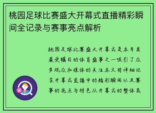 桃园足球比赛盛大开幕式直播精彩瞬间全记录与赛事亮点解析